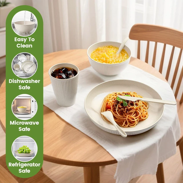 Alt view image 3 of 7 - 36-Piece Reusable Wheat Straw Dinnerware Sets for 6, Unbreakable Reusable Set Kitchen Cups, Plates, Bowls Sets & Cultery Dishwasher Microwave Safe - Patio, Outdoors, RV, Camping Dishes