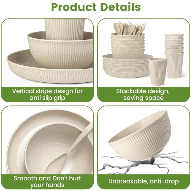 Alt view image 4 of 7 - 36-Piece Reusable Wheat Straw Dinnerware Sets for 6, Unbreakable Reusable Set Kitchen Cups, Plates, Bowls Sets & Cultery Dishwasher Microwave Safe - Patio, Outdoors, RV, Camping Dishes