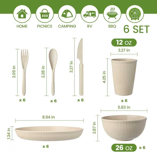 Alt view image 6 of 7 - 36-Piece Reusable Wheat Straw Dinnerware Sets for 6, Unbreakable Reusable Set Kitchen Cups, Plates, Bowls Sets & Cultery Dishwasher Microwave Safe - Patio, Outdoors, RV, Camping Dishes