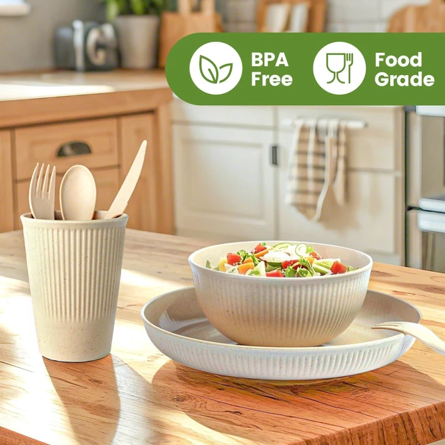 Alt view image 5 of 7 - 36-Piece Reusable Wheat Straw Dinnerware Sets for 6, Unbreakable Reusable Set Kitchen Cups, Plates, Bowls Sets & Cultery Dishwasher Microwave Safe - Patio, Outdoors, RV, Camping Dishes