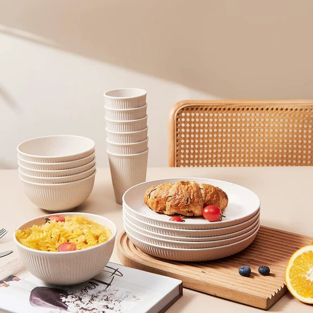 Alt view image 2 of 6 - 18pcs Wheat Straw Dinnerware Sets Unbreakable Reusable Dinnerware Set | Kitchen Cups Plates and Bowls Sets Dishwasher Microwave Safe Plates