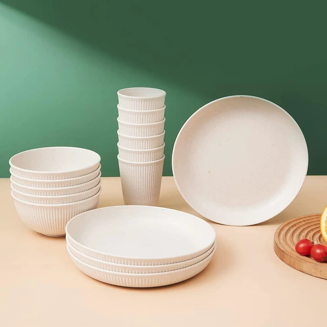 Alt view image 6 of 6 - 18pcs Wheat Straw Dinnerware Sets Unbreakable Reusable Dinnerware Set | Kitchen Cups Plates and Bowls Sets Dishwasher Microwave Safe Plates