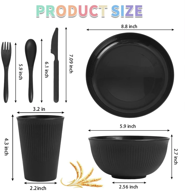 Alt view image 2 of 7 - 36 Pcs Wheat Straw Dinnerware Set,Dinnerware Sets for 6,Large Round Plates, Bowls and Cups, Unbreakable dish set, Dishwasher and Microwave Safe, Outdoor Camping Dishes (Black)