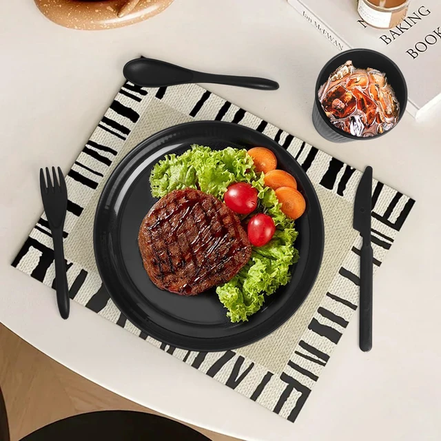 Alt view image 3 of 7 - 36 Pcs Wheat Straw Dinnerware Set,Dinnerware Sets for 6,Large Round Plates, Bowls and Cups, Unbreakable dish set, Dishwasher and Microwave Safe, Outdoor Camping Dishes (Black)