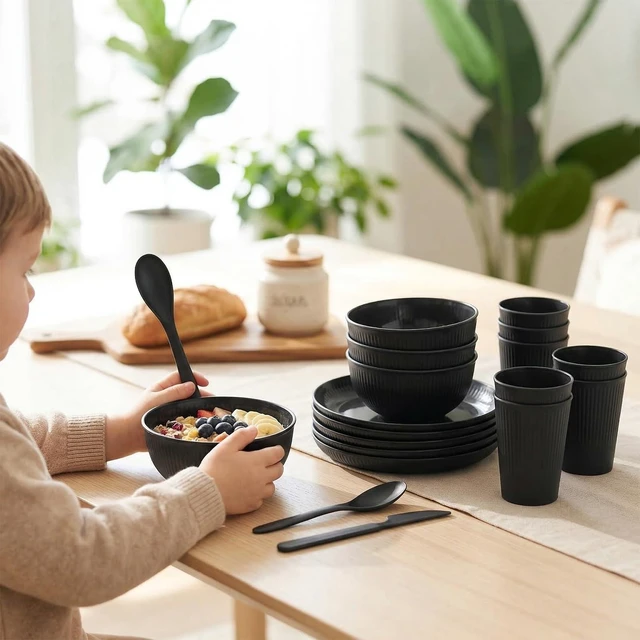 Alt view image 4 of 7 - 36 Pcs Wheat Straw Dinnerware Set,Dinnerware Sets for 6,Large Round Plates, Bowls and Cups, Unbreakable dish set, Dishwasher and Microwave Safe, Outdoor Camping Dishes (Black)