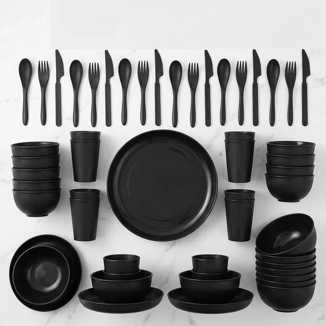 Alt view image 5 of 7 - 36 Pcs Wheat Straw Dinnerware Set,Dinnerware Sets for 6,Large Round Plates, Bowls and Cups, Unbreakable dish set, Dishwasher and Microwave Safe, Outdoor Camping Dishes (Black)