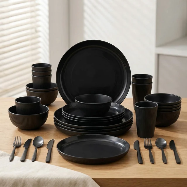 Alt view image 6 of 7 - 36 Pcs Wheat Straw Dinnerware Set,Dinnerware Sets for 6,Large Round Plates, Bowls and Cups, Unbreakable dish set, Dishwasher and Microwave Safe, Outdoor Camping Dishes (Black)