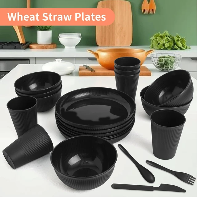 Alt view image 7 of 7 - 36 Pcs Wheat Straw Dinnerware Set,Dinnerware Sets for 6,Large Round Plates, Bowls and Cups, Unbreakable dish set, Dishwasher and Microwave Safe, Outdoor Camping Dishes (Black)