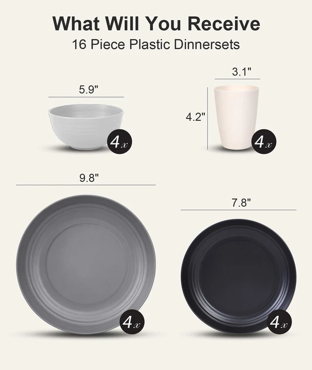 Alt view image 2 of 7 - 16 Pcs Plates and Bowls Sets,Plastic Dinnerware Sets for 4,Grey | Unbreakable,Reusable,Dish Set for Camping,Dishwasher Microwave Safe,Outdoor Kitchen and Apartment Dinning RV Essentials