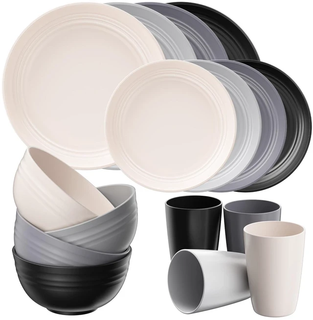 Main image of 16 Pcs Plates and Bowls Sets,Plastic Dinnerware Sets for 4,Grey | Unbreakable,Reusable,Dish Set for Camping,Dishwasher Microwave Safe,Outdoor Kitchen and Apartment Dinning RV Essentials