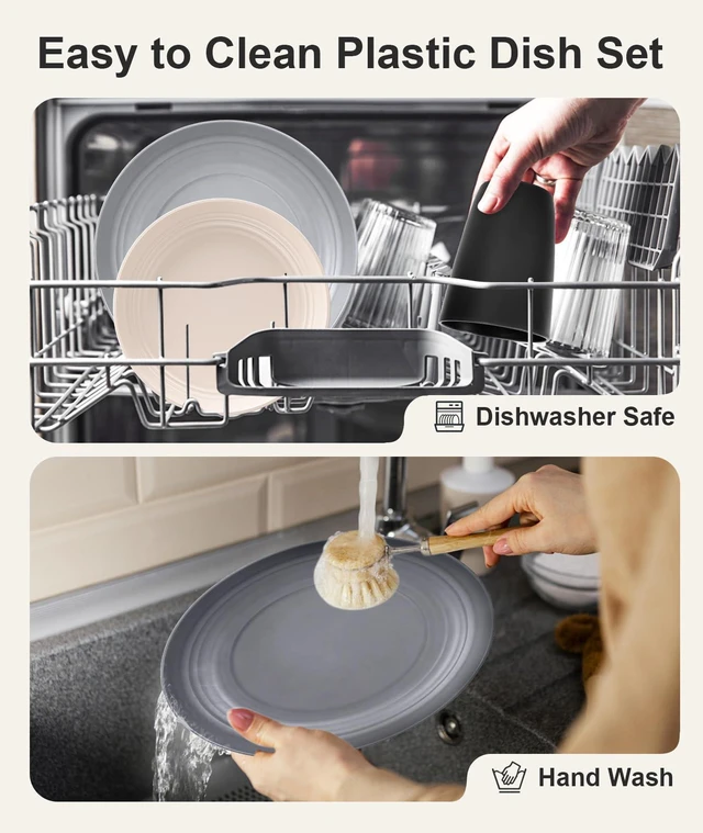 Alt view image 4 of 7 - 16 Pcs Plates and Bowls Sets,Plastic Dinnerware Sets for 4,Grey | Unbreakable,Reusable,Dish Set for Camping,Dishwasher Microwave Safe,Outdoor Kitchen and Apartment Dinning RV Essentials