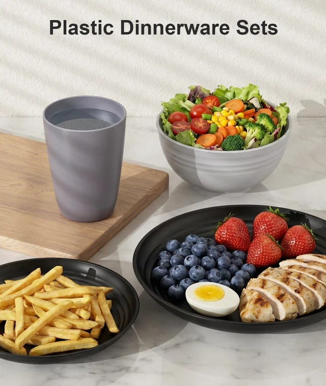 Alt view image 7 of 7 - 16 Pcs Plates and Bowls Sets,Plastic Dinnerware Sets for 4,Grey | Unbreakable,Reusable,Dish Set for Camping,Dishwasher Microwave Safe,Outdoor Kitchen and Apartment Dinning RV Essentials