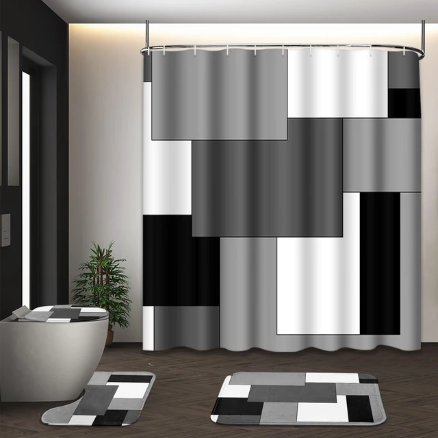 Main image of Bathroom Sets with Shower Curtain and Rugs, Set of 4, Checkered | Geometric Abstract Modern Bathroom Decor Set with Toilet Lid Cover, Non-Slip Bath Mats and Accessories 12 Hooks