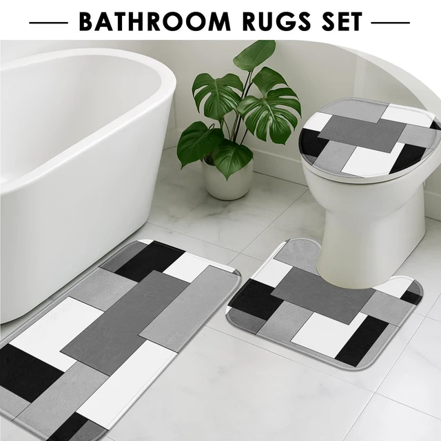 Alt view image 5 of 7 - Bathroom Sets with Shower Curtain and Rugs, Set of 4, Checkered | Geometric Abstract Modern Bathroom Decor Set with Toilet Lid Cover, Non-Slip Bath Mats and Accessories 12 Hooks
