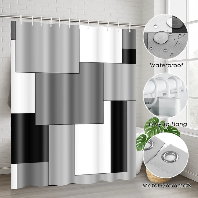 Alt view image 6 of 7 - Bathroom Sets with Shower Curtain and Rugs, Set of 4, Checkered | Geometric Abstract Modern Bathroom Decor Set with Toilet Lid Cover, Non-Slip Bath Mats and Accessories 12 Hooks