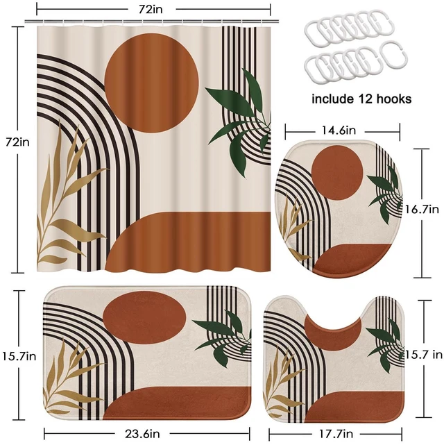 Alt view image 2 of 7 - Bathroom Sets with Shower Curtain and Rugs, Set of 4 Geometric Boho | Abstract Mid Century Bathroom Decor Set with Toilet Lid Cover, Non-Slip Bath Mats and Accessories 12 Hooks