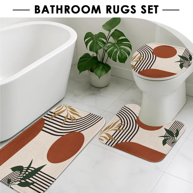 Alt view image 5 of 7 - Bathroom Sets with Shower Curtain and Rugs, Set of 4 Geometric Boho | Abstract Mid Century Bathroom Decor Set with Toilet Lid Cover, Non-Slip Bath Mats and Accessories 12 Hooks