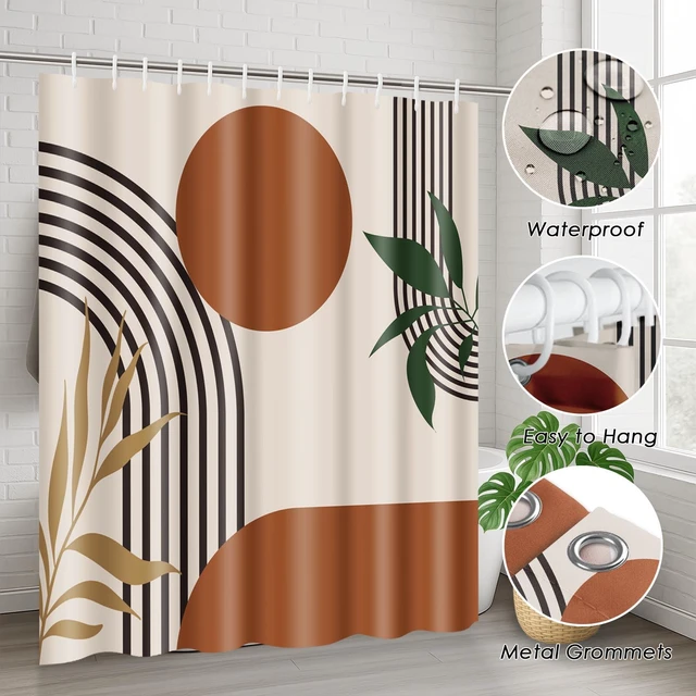 Alt view image 6 of 7 - Bathroom Sets with Shower Curtain and Rugs, Set of 4 Geometric Boho | Abstract Mid Century Bathroom Decor Set with Toilet Lid Cover, Non-Slip Bath Mats and Accessories 12 Hooks