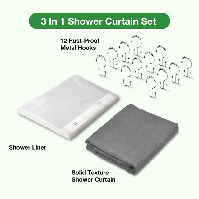 Alt view image 2 of 7 - Grey Shower Curtain and Liner, 3 in 1 Shower Curtain Set with 12 Double Sided Shower Curtain Hooks, Cloth Shower Curtains for Bathroom,Waterproof, 72" W*72" H