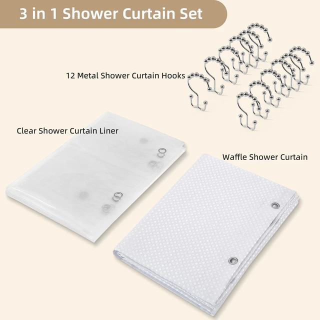 Alt view image 4 of 7 - White Shower Curtain and Liner, 3 in 1 Waffle Shower Curtain Set with 12 Double Sided Shower Curtain Hooks, Fabric Shower Curtains for Bathroom 72 x 72