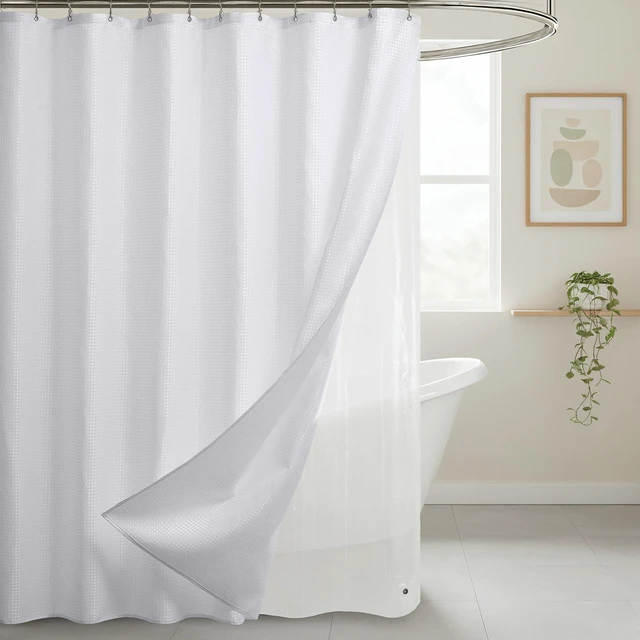 Alt view image 7 of 7 - White Shower Curtain and Liner, 3 in 1 Waffle Shower Curtain Set with 12 Double Sided Shower Curtain Hooks, Fabric Shower Curtains for Bathroom 72 x 72