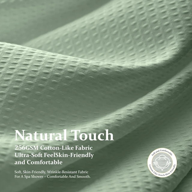 Alt view image 3 of 7 - Waffle Shower Curtain 256 GSM Heavy Duty Fabric 72"x72" Sage Green | Thick Textured Cloth, Weighted Hem, Water Repellent Washable, Hotel Luxury Polyester Shower Curtain Set for Bathroom 12 Hooks