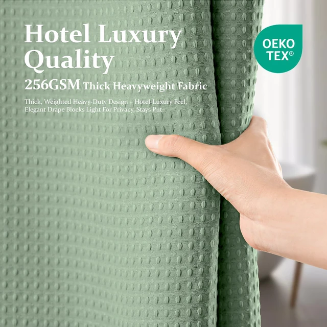 Alt view image 5 of 7 - Waffle Shower Curtain 256 GSM Heavy Duty Fabric 72"x72" Sage Green | Thick Textured Cloth, Weighted Hem, Water Repellent Washable, Hotel Luxury Polyester Shower Curtain Set for Bathroom 12 Hooks