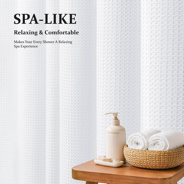 Alt view image 2 of 7 - Waffle Shower Curtain 256 GSM Heavy Duty Fabric 72"x72" White | Thick Textured Cloth, Weighted Hem, Water Repellent Washable, Hotel Luxury Polyester Shower Curtain Set for Bathroom 12 Hooks