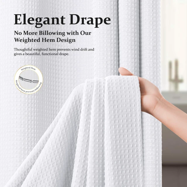 Alt view image 3 of 7 - Waffle Shower Curtain 256 GSM Heavy Duty Fabric 72"x72" White | Thick Textured Cloth, Weighted Hem, Water Repellent Washable, Hotel Luxury Polyester Shower Curtain Set for Bathroom 12 Hooks