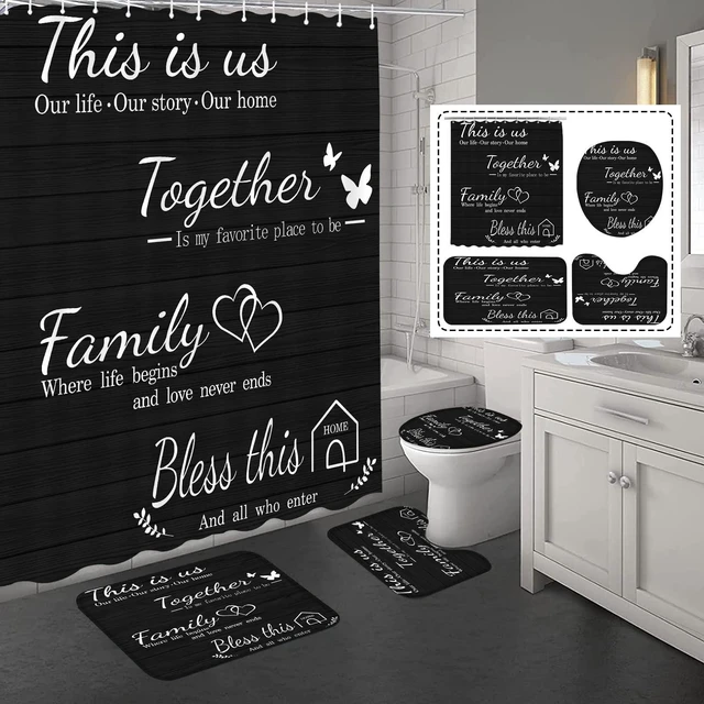 Main image of 4Pcs Family Shower Curtain Sets with Non-Slip Rugs | Toilet Lid Cover and Bath Mat,Black Home Bathroom Decor Set Accessories Waterproof Shower Curtains with 12 Hooks,72 x 72 Inch