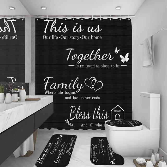 Alt view image 2 of 7 - 4Pcs Family Shower Curtain Sets with Non-Slip Rugs | Toilet Lid Cover and Bath Mat,Black Home Bathroom Decor Set Accessories Waterproof Shower Curtains with 12 Hooks,72 x 72 Inch