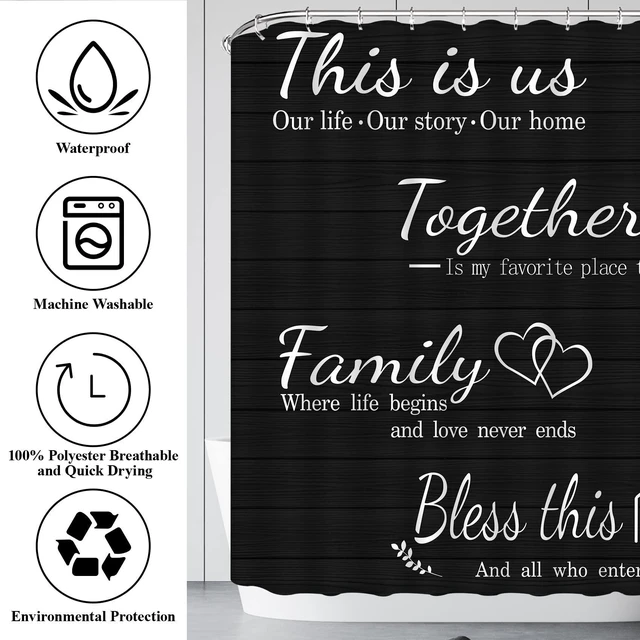 Alt view image 6 of 7 - 4Pcs Family Shower Curtain Sets with Non-Slip Rugs | Toilet Lid Cover and Bath Mat,Black Home Bathroom Decor Set Accessories Waterproof Shower Curtains with 12 Hooks,72 x 72 Inch