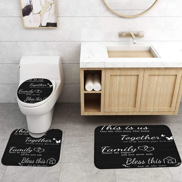 Alt view image 5 of 7 - 4Pcs Family Shower Curtain Sets with Non-Slip Rugs | Toilet Lid Cover and Bath Mat,Black Home Bathroom Decor Set Accessories Waterproof Shower Curtains with 12 Hooks,72 x 72 Inch
