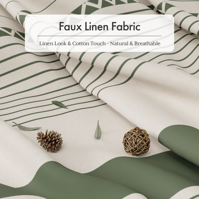Alt view image 2 of 7 - Boho Shower Curtain, Modern Farmhouse Shower Curtain Set with Tassels, Rustic Faux Linen Green Striped Shower Curtain with Hooks, Light Tan Toned, 72x72 Inches