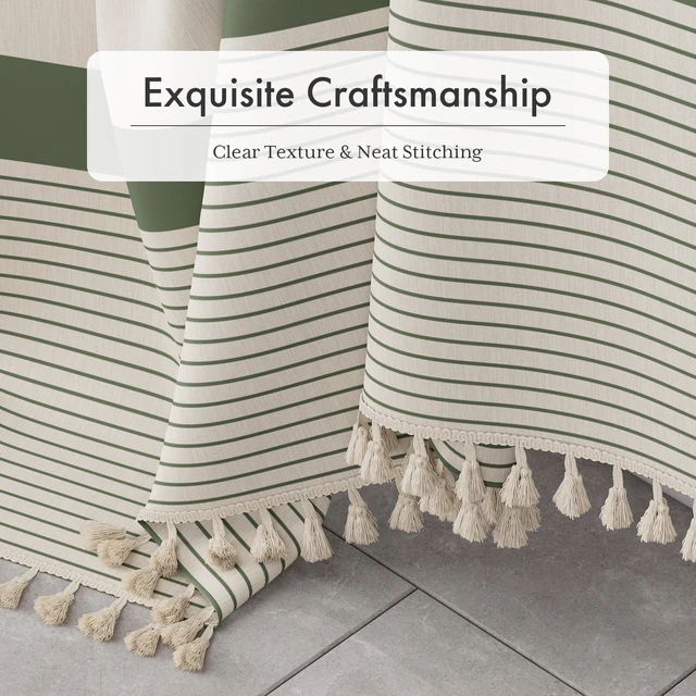 Alt view image 3 of 7 - Boho Shower Curtain, Modern Farmhouse Shower Curtain Set with Tassels, Rustic Faux Linen Green Striped Shower Curtain with Hooks, Light Tan Toned, 72x72 Inches