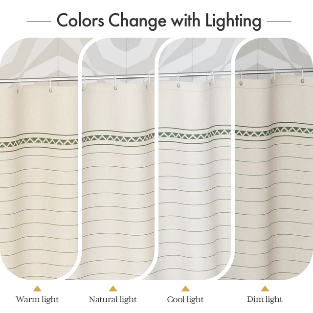 Alt view image 5 of 7 - Boho Shower Curtain, Modern Farmhouse Shower Curtain Set with Tassels, Rustic Faux Linen Green Striped Shower Curtain with Hooks, Light Tan Toned, 72x72 Inches