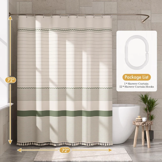 Alt view image 6 of 7 - Boho Shower Curtain, Modern Farmhouse Shower Curtain Set with Tassels, Rustic Faux Linen Green Striped Shower Curtain with Hooks, Light Tan Toned, 72x72 Inches