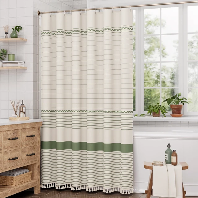 Alt view image 7 of 7 - Boho Shower Curtain, Modern Farmhouse Shower Curtain Set with Tassels, Rustic Faux Linen Green Striped Shower Curtain with Hooks, Light Tan Toned, 72x72 Inches
