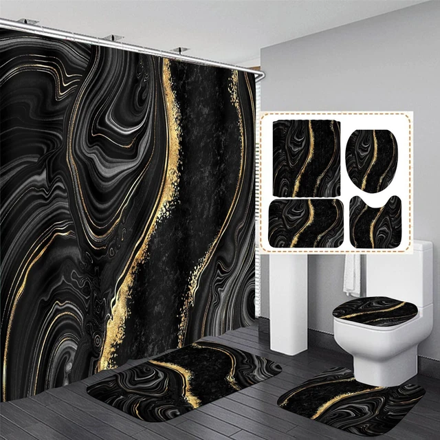 Main image of 4 Pcs Black Marble Shower Curtain Sets with Rugs Gold Bathroom Set | Fabric Shower Curtain Abstract Bathroom Decor Accessories Shower Curtains for Bathroom Toilet Lid Cover and Hooks