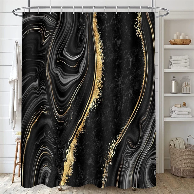 Alt view image 2 of 7 - 4 Pcs Black Marble Shower Curtain Sets with Rugs Gold Bathroom Set | Fabric Shower Curtain Abstract Bathroom Decor Accessories Shower Curtains for Bathroom Toilet Lid Cover and Hooks