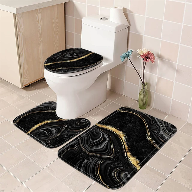 Alt view image 3 of 7 - 4 Pcs Black Marble Shower Curtain Sets with Rugs Gold Bathroom Set | Fabric Shower Curtain Abstract Bathroom Decor Accessories Shower Curtains for Bathroom Toilet Lid Cover and Hooks