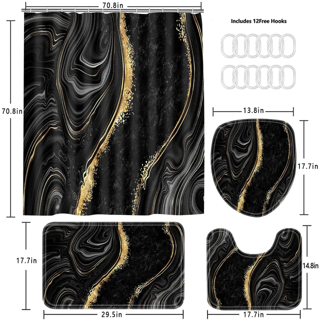 Alt view image 4 of 7 - 4 Pcs Black Marble Shower Curtain Sets with Rugs Gold Bathroom Set | Fabric Shower Curtain Abstract Bathroom Decor Accessories Shower Curtains for Bathroom Toilet Lid Cover and Hooks