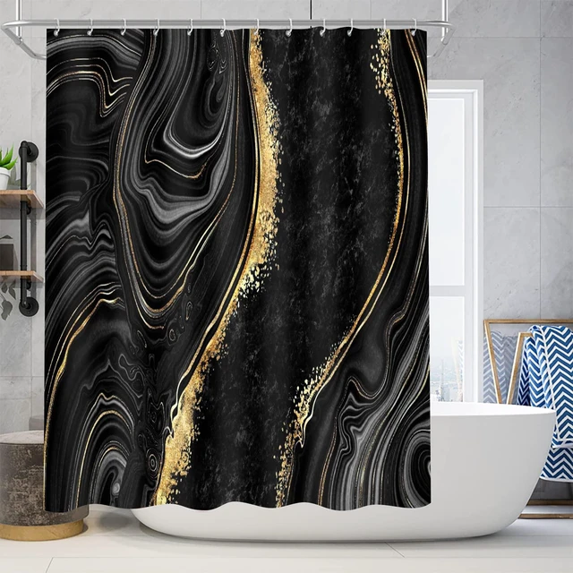 Alt view image 6 of 7 - 4 Pcs Black Marble Shower Curtain Sets with Rugs Gold Bathroom Set | Fabric Shower Curtain Abstract Bathroom Decor Accessories Shower Curtains for Bathroom Toilet Lid Cover and Hooks