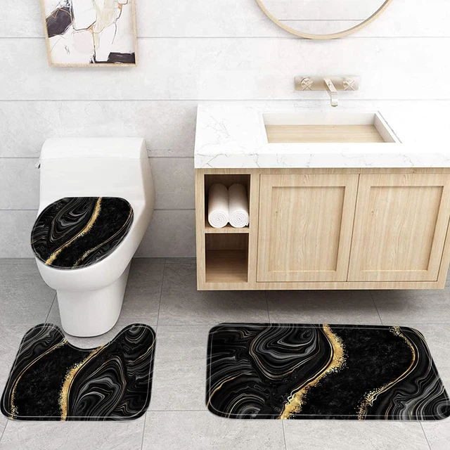Alt view image 7 of 7 - 4 Pcs Black Marble Shower Curtain Sets with Rugs Gold Bathroom Set | Fabric Shower Curtain Abstract Bathroom Decor Accessories Shower Curtains for Bathroom Toilet Lid Cover and Hooks