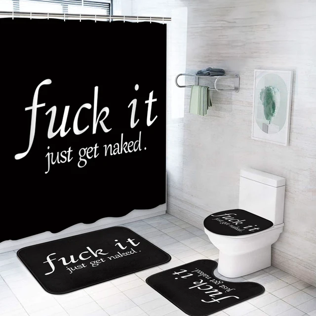 Main image of Bathroom Sets with Shower Curtain and Rugs, 4 Pcs, Funny | Get Naked Quote Humorous, Bathroom Decor Set with Toilet Lid Cover, Non-Slip Bath Mats and Accessories 12 Hooks