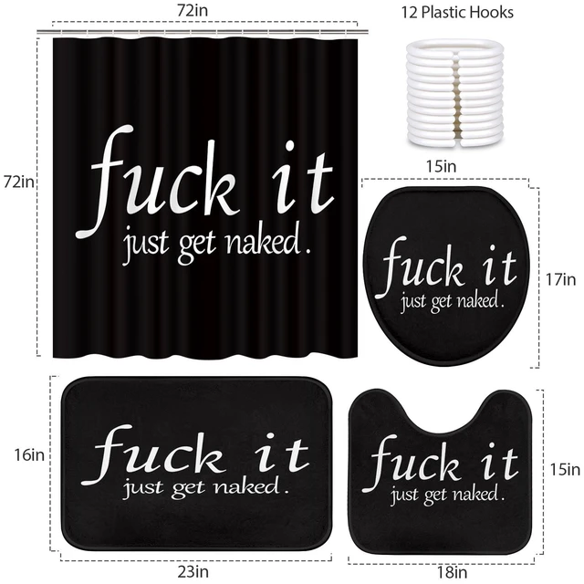 Alt view image 3 of 7 - Bathroom Sets with Shower Curtain and Rugs, 4 Pcs, Funny | Get Naked Quote Humorous, Bathroom Decor Set with Toilet Lid Cover, Non-Slip Bath Mats and Accessories 12 Hooks