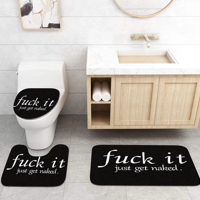 Alt view image 4 of 7 - Bathroom Sets with Shower Curtain and Rugs, 4 Pcs, Funny | Get Naked Quote Humorous, Bathroom Decor Set with Toilet Lid Cover, Non-Slip Bath Mats and Accessories 12 Hooks