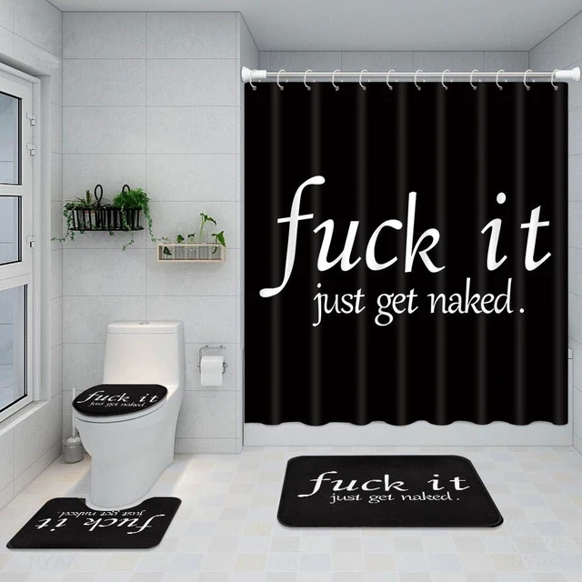Alt view image 7 of 7 - Bathroom Sets with Shower Curtain and Rugs, 4 Pcs, Funny | Get Naked Quote Humorous, Bathroom Decor Set with Toilet Lid Cover, Non-Slip Bath Mats and Accessories 12 Hooks
