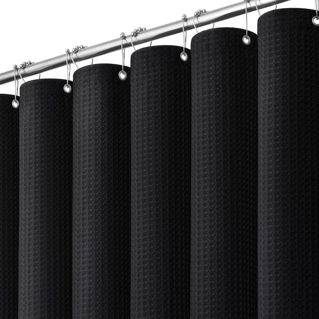 Main image of Waffle Shower Curtain 256 GSM Heavy Duty Fabric 72"x72" Black | Thick Textured Cloth, Weighted Hem, Water Repellent Washable, Hotel Luxury Polyester Shower Curtain Set for Bathroom 12 Hooks