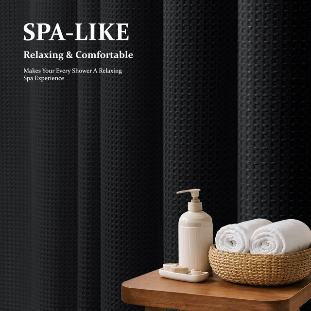 Alt view image 2 of 7 - Waffle Shower Curtain 256 GSM Heavy Duty Fabric 72"x72" Black | Thick Textured Cloth, Weighted Hem, Water Repellent Washable, Hotel Luxury Polyester Shower Curtain Set for Bathroom 12 Hooks